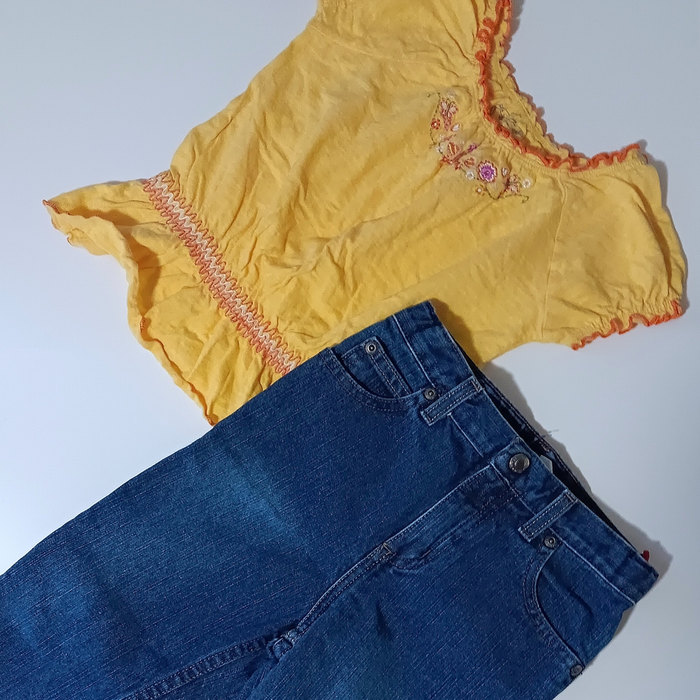 Vintage Girls' Yellow Floral Embroidered Top and Blue Jeans Outfit Set Size 5T